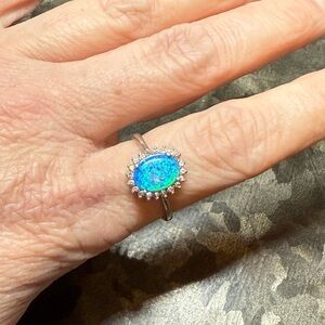 Sterling Silver Oval Blue Fire Opal Cluster Ring 925 Makers Mark R Size 9
